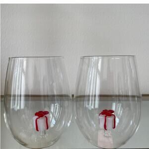 Set of 2 Holiday Stemless Wine Glasses with Red & White Gift Box Inside NEW